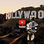 YouTube logo glows beside a gleaming Oscar statuette with Hollywood sign at sunset.