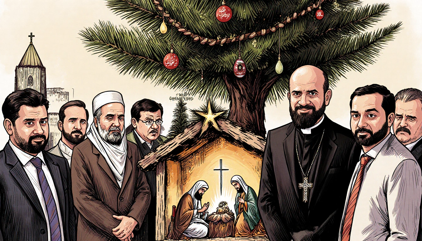 Rev. Amer Jubran stands beside the new Christmas tree with Muslim and Christian leaders and politicians showing unity and pea