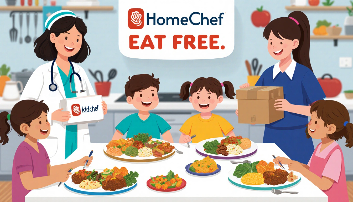 Family eating at table with plates and a Kids Eat Free banner while a doctor holds a Home Chef box.