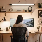 Person working at desk with BenQ ScreenBar Halo 2 and Craighill Desk Knife in a warm inviting office