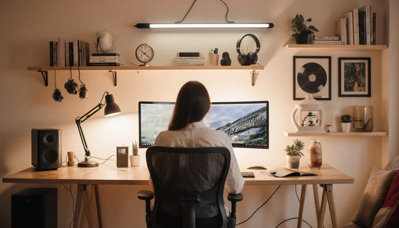 Person working at desk with BenQ ScreenBar Halo 2 and Craighill Desk Knife in a warm inviting office