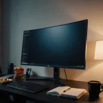 Monitor displaying multitasking in a home office with lamp glow and coffee