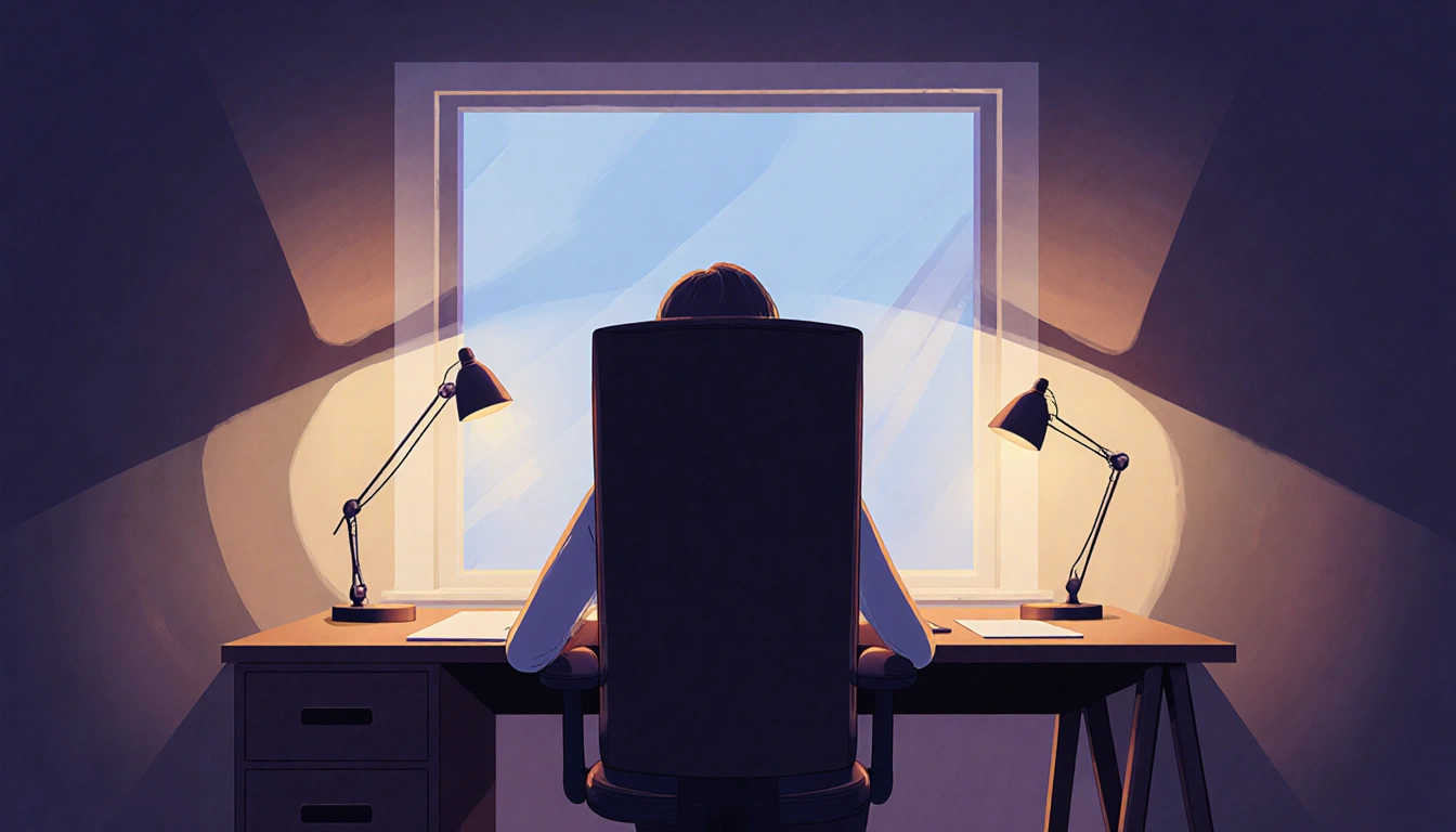 Person working at desk in a home workspace with warm lamp glow and soft window light
