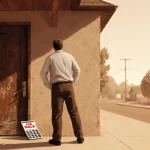Homebuyer standing in front of a worn wooden door with a mortgage calculator on the doorstep
