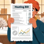 Homeowner staring at a glowing heating bill with shocked expression near frosted Austin city windows in winter