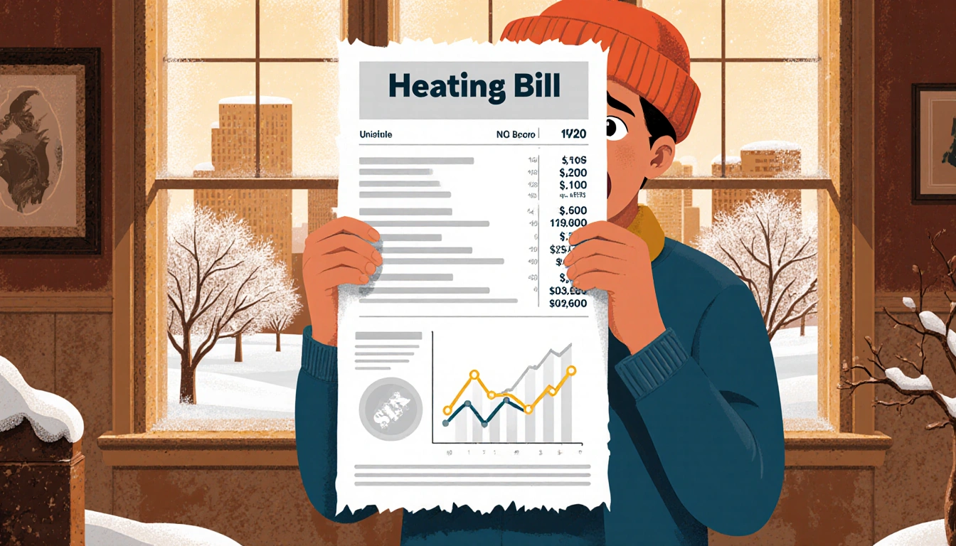Homeowner staring at a glowing heating bill with shocked expression near frosted Austin city windows in winter