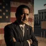 Honduran election official with arms crossed against a faded American flag and a blurred US Embassy background