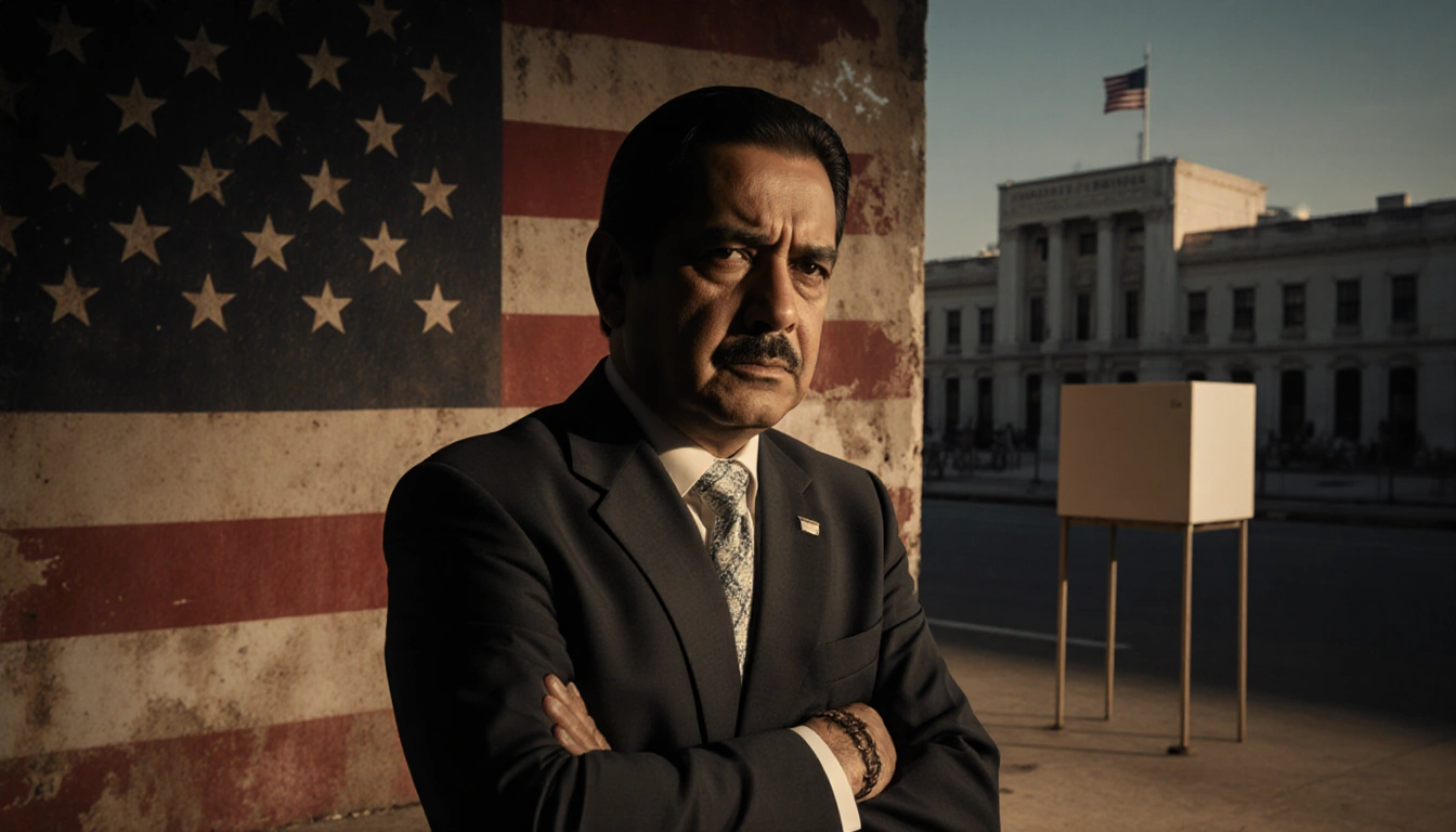 Honduran election official with arms crossed against a faded American flag and a blurred US Embassy background