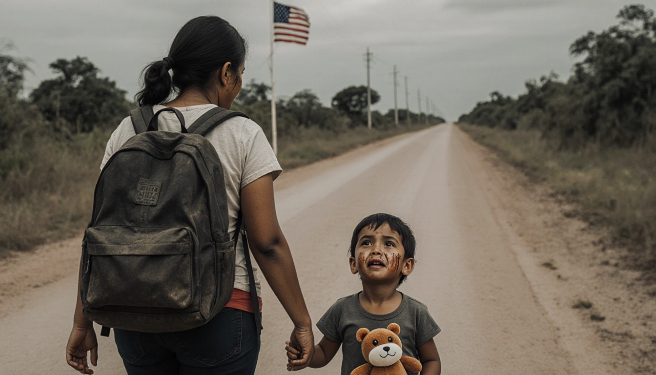 Honduran mother walking road with backpack and crying child holding stuffed animal near American flag