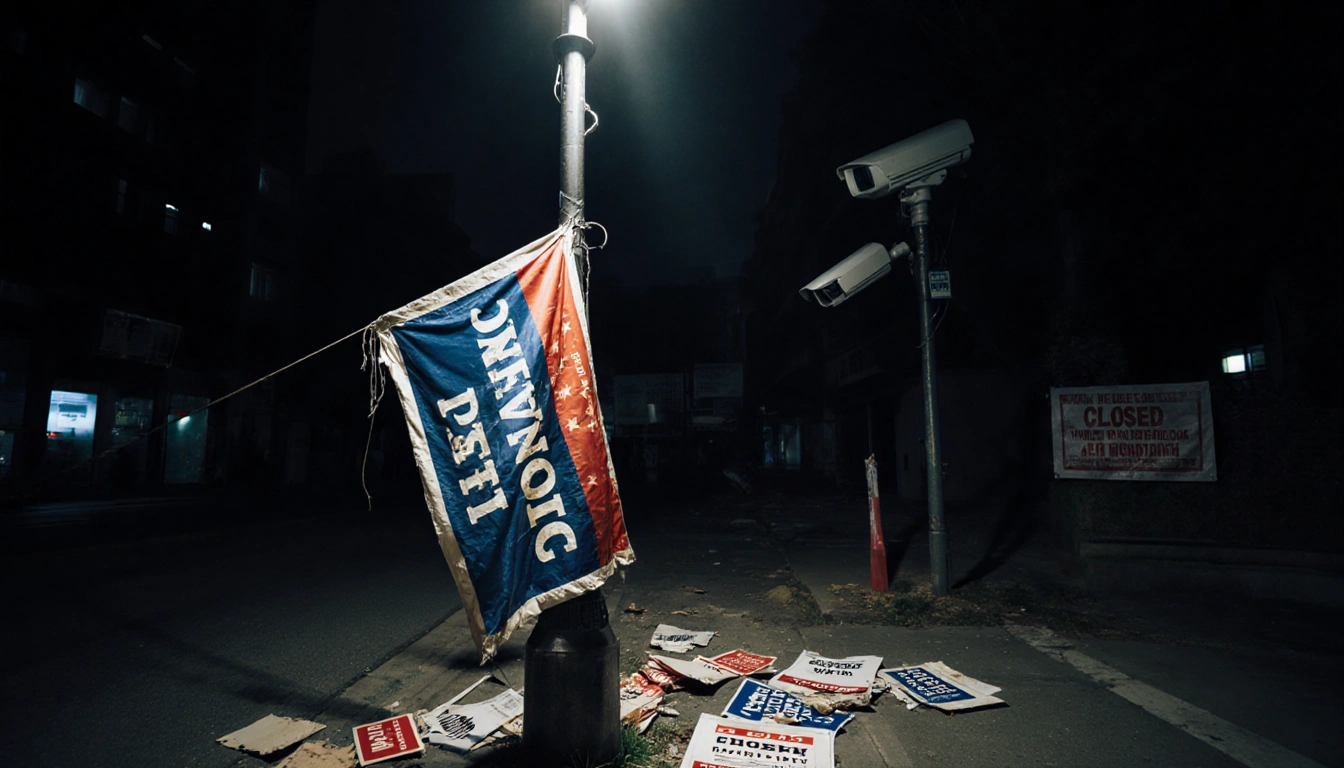 Banner hanging crookedly from lamppost in Hong Kong with torn edges and a looming CCTV camera overseeing protests