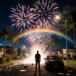 Silhouette of a person standing calmly with colorful fireworks exploding overhead and streetlights casting warm glow.