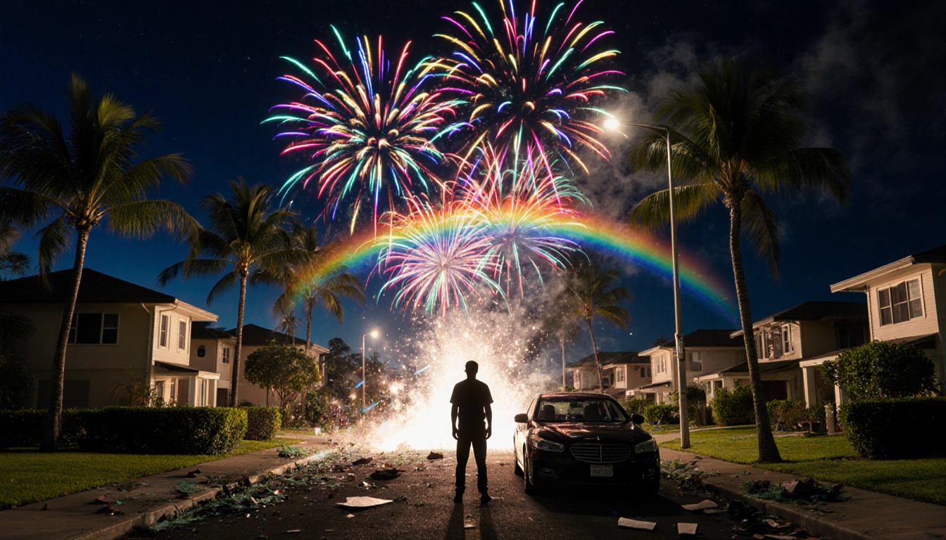 Silhouette of a person standing calmly with colorful fireworks exploding overhead and streetlights casting warm glow.