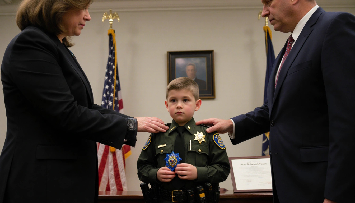 Young boy in deputy uniform swearing in with officials placing hands on his shoulders near the flag and certificate.