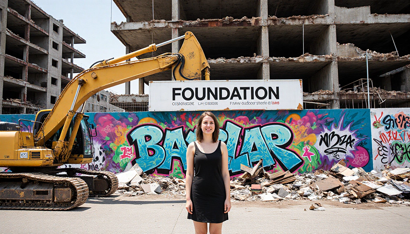 Andi Scull standing with graffiti mural, Foundation sign, old building materials near condos