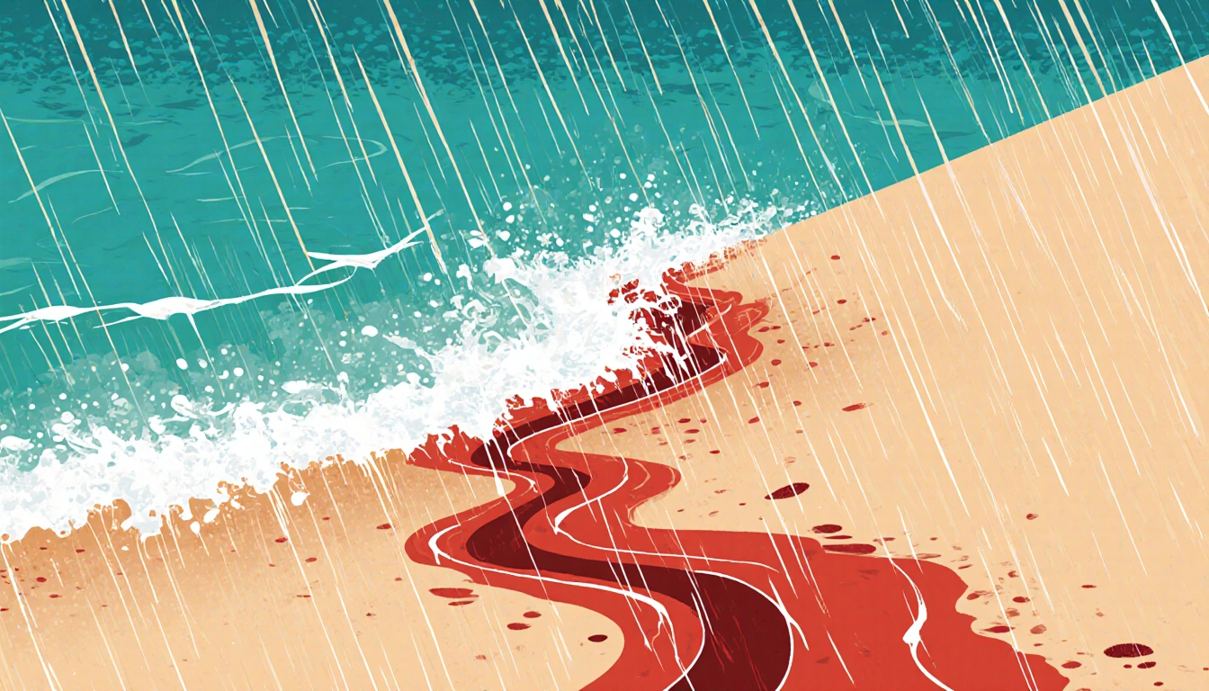 Rainwater rushing across dunes with red gelak soil streaks blending into turquoise ocean