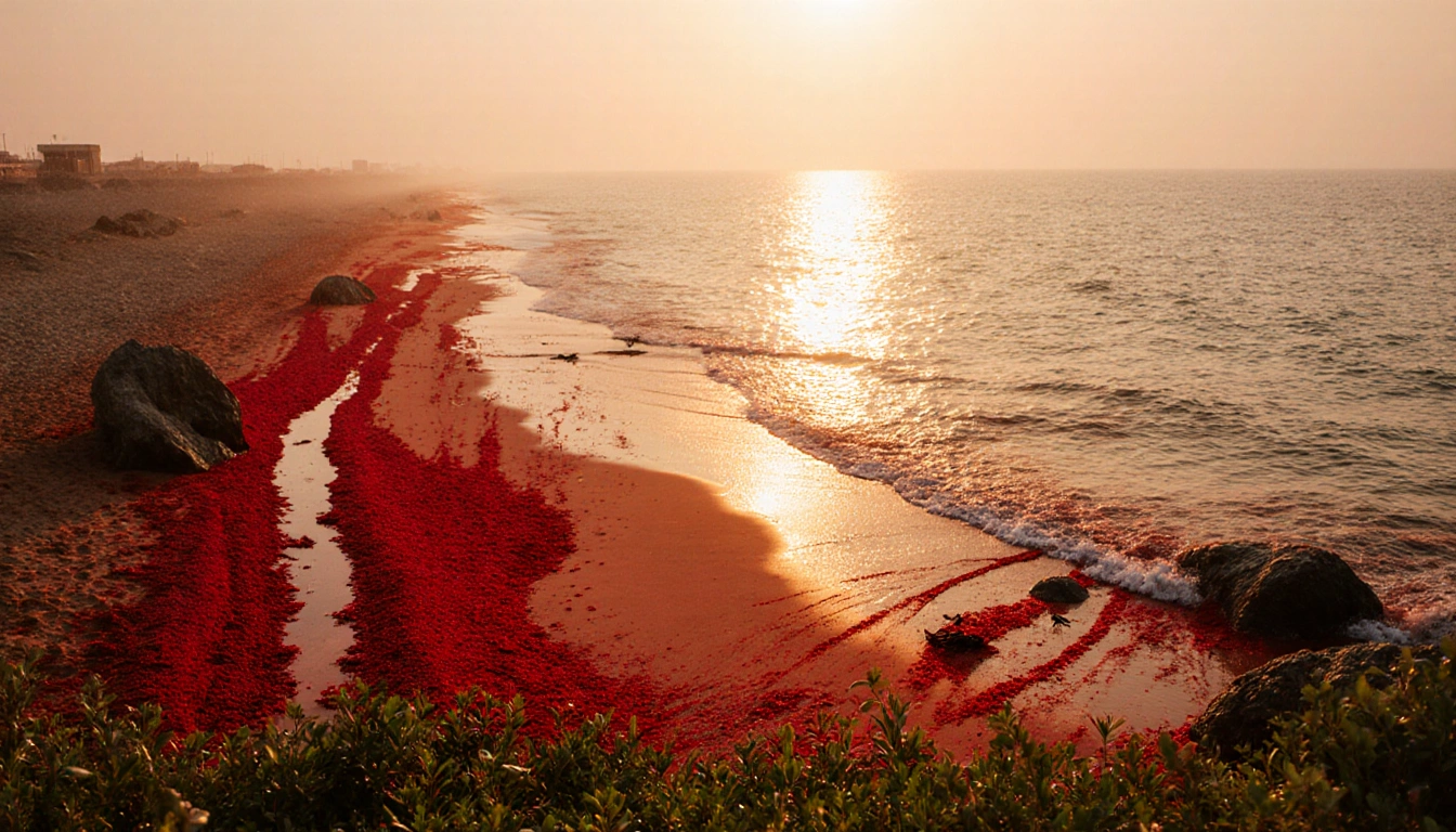 Rainfall splashing red soil onto the beach with golden light illuminating crimson streams flowing into the Persian Gulf