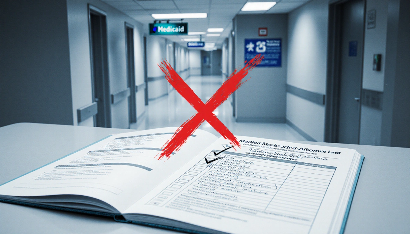 Hospital billing desk marks denied gender-affirming checkmark with red X while a chart lists self-funded services