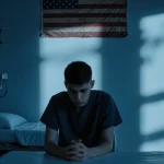 Young person sits nervously on exam table with clasped hands and a faded American flag above a hospital bed.