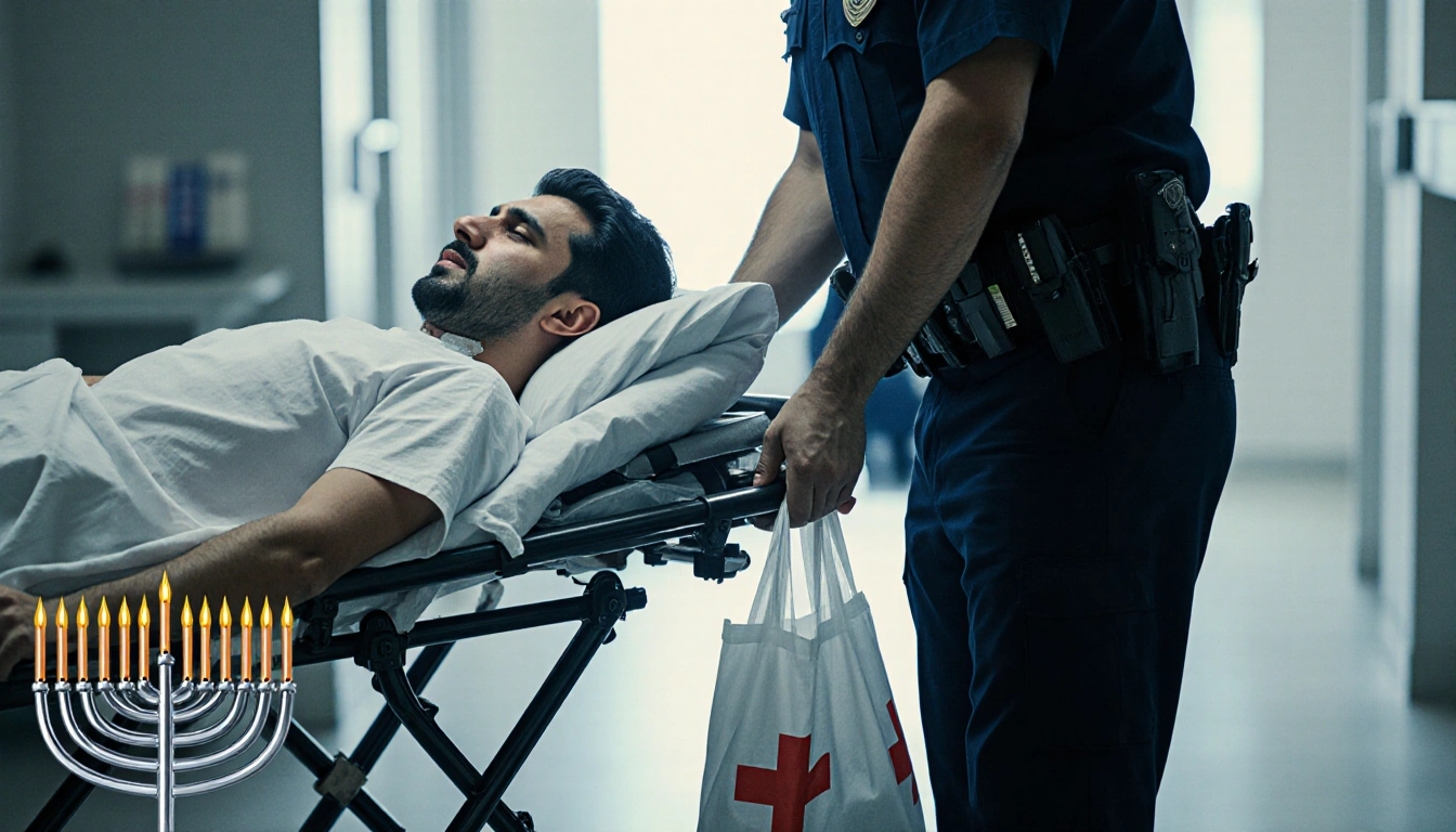 Police officer attending to a pale distressed patient on a hospital gurney with a medical bag and a subtle menorah nearby