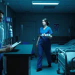 Doctor standing at front desk holding clipboard with worried expression amid hospital blue glow and oxygen tanks and IV lines
