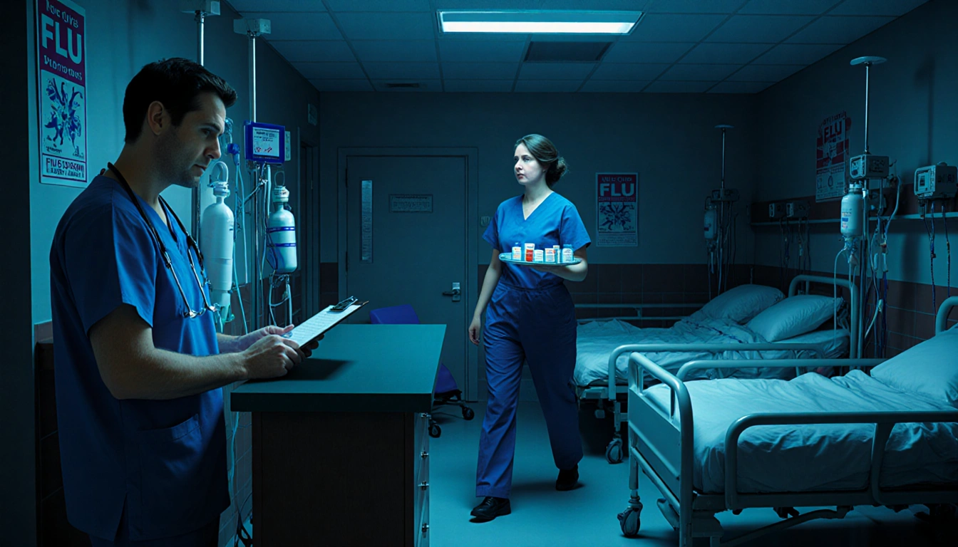 Doctor standing at front desk holding clipboard with worried expression amid hospital blue glow and oxygen tanks and IV lines