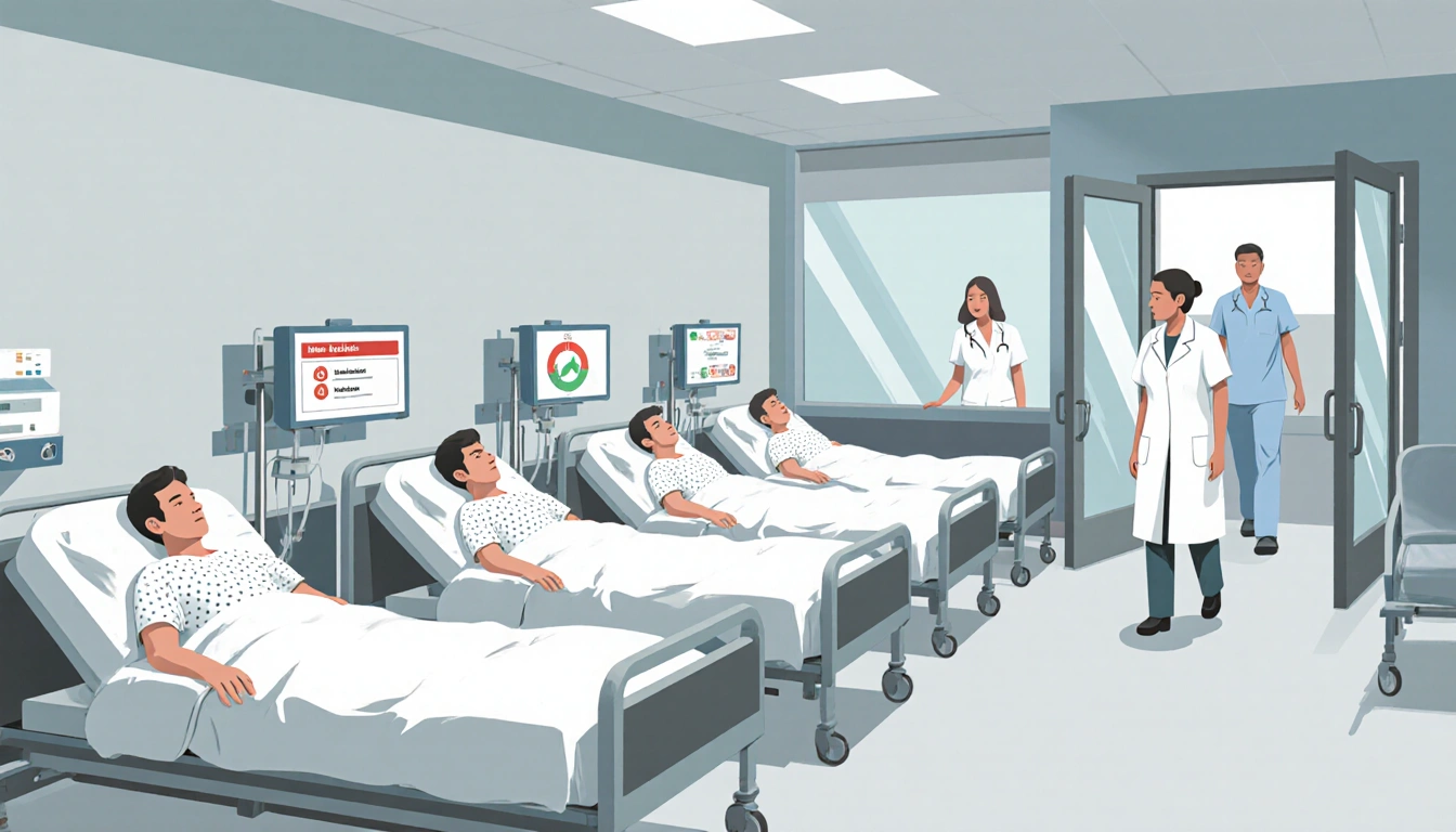 Nurse walking by monitors in a hospital room with six patients in beds and two discharged exiting through doors