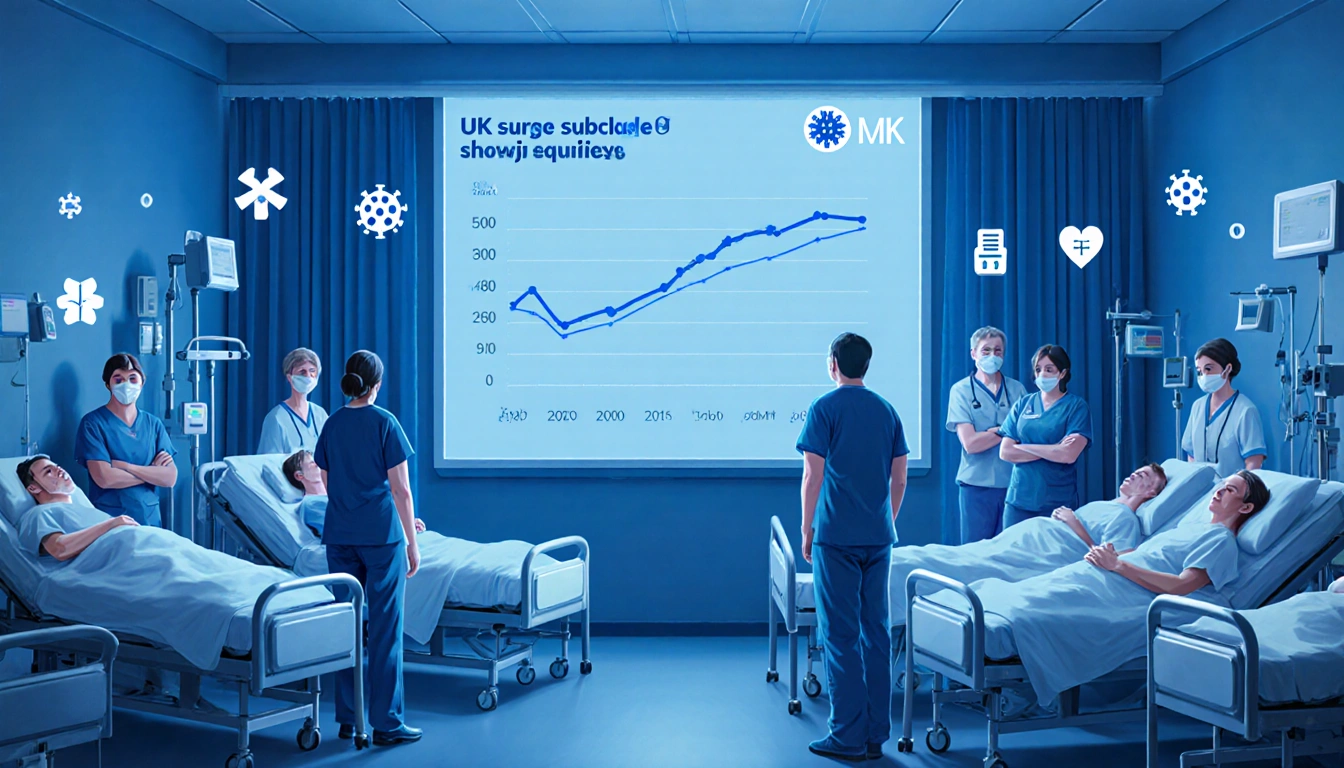 Crowded hospital ward shows patients on beds with a large screen graph tracking the surge of subclade K super flu cases.