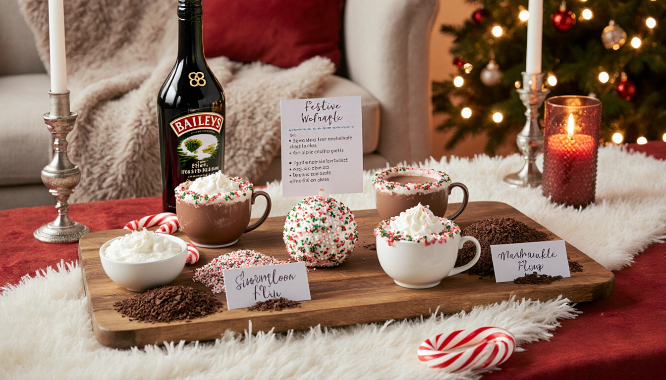 Wooden board arranging hot cocoa toppings with festive holiday backdrop and warm lighting.