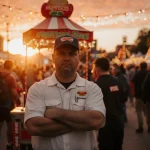 Seasonal worker standing confidently with frazzled hot dog vendor behind cart under orange sunset at Austin Trail of Lights