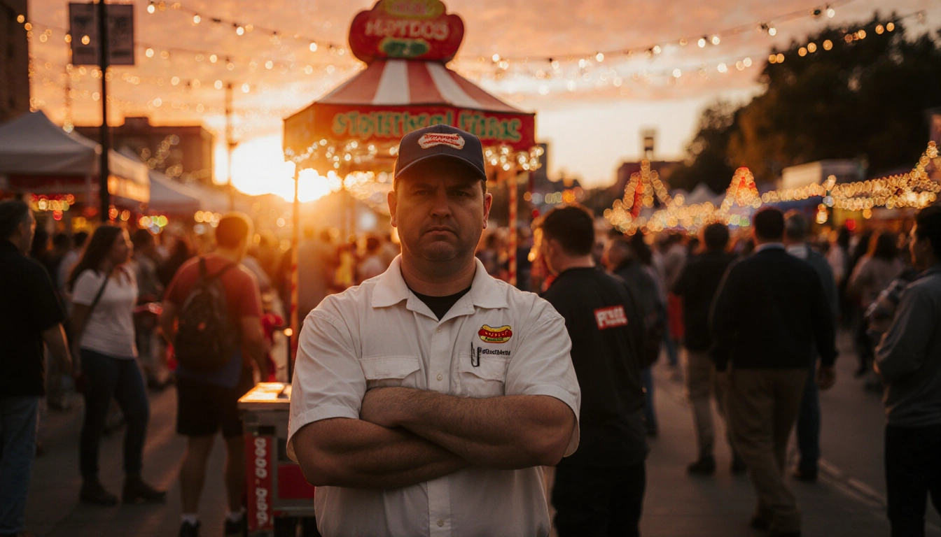 Seasonal worker standing confidently with frazzled hot dog vendor behind cart under orange sunset at Austin Trail of Lights
