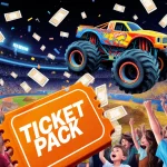 Hot Wheels Monster Truck soaring over obstacles with neon lights and an orange ticket pack in front of Moody Center stadium