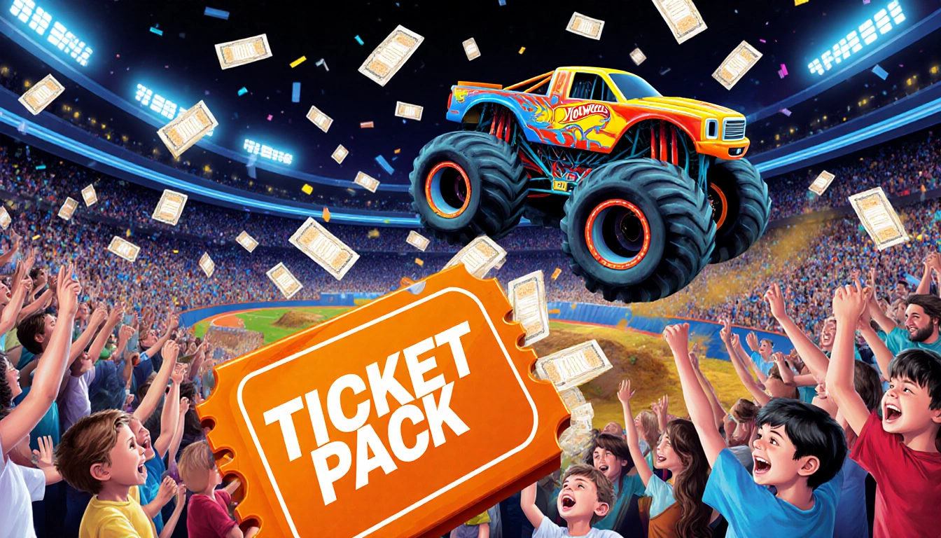 Hot Wheels Monster Truck soaring over obstacles with neon lights and an orange ticket pack in front of Moody Center stadium