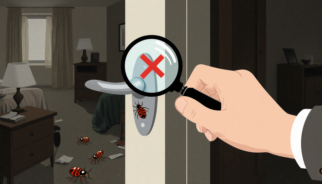 Traveler inspecting hotel room door handle with magnifying glass and red X while bedbugs crawl nearby.