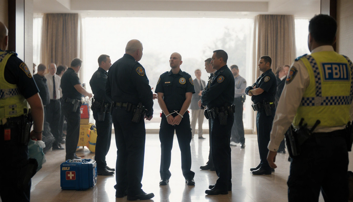 Police and FBI agents surround handcuffed figure in hotel lobby with oxygen masks and aid kits nearby.