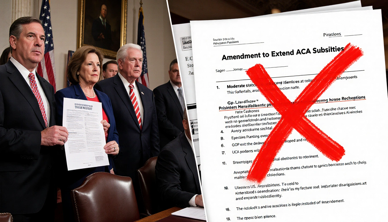 Republicans hold a petition with a flag while GOP leaders sit with a red X on an ACA subsidy amendment and Capitol building b