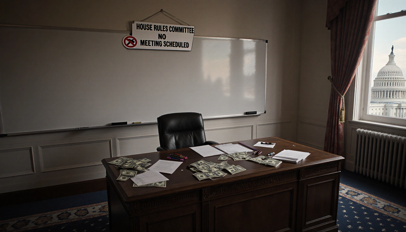 Desk displaying papers and pens with a no meeting scheduled sign above whiteboard Capitol in window