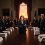 Marjorie Taylor Greene stands with arms crossed with sunset glow behind table of bills in Congress.
