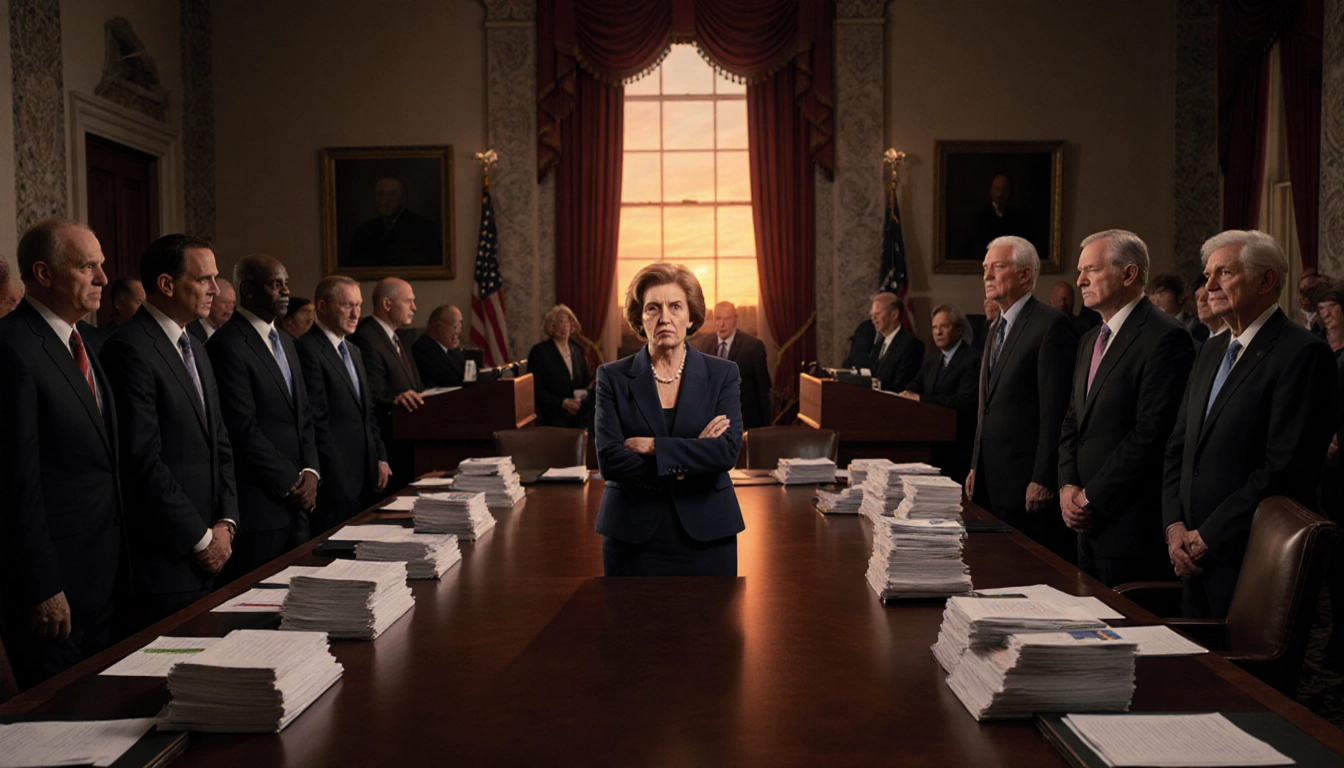 Marjorie Taylor Greene stands with arms crossed with sunset glow behind table of bills in Congress.