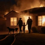 Family evacuating from burning house with firefighters and glowing flames through windows.