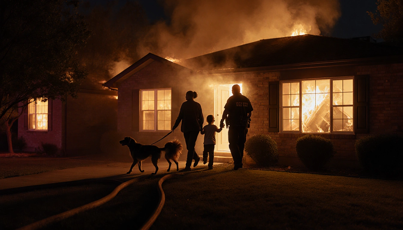 Family evacuating from burning house with firefighters and glowing flames through windows.