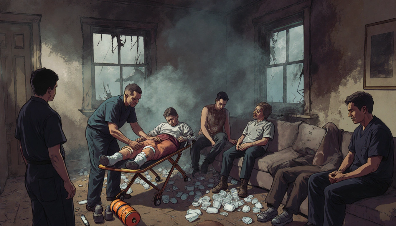 Medical staff tending injured patient with bandage and oxygen tank in smoke-filled room after house fire