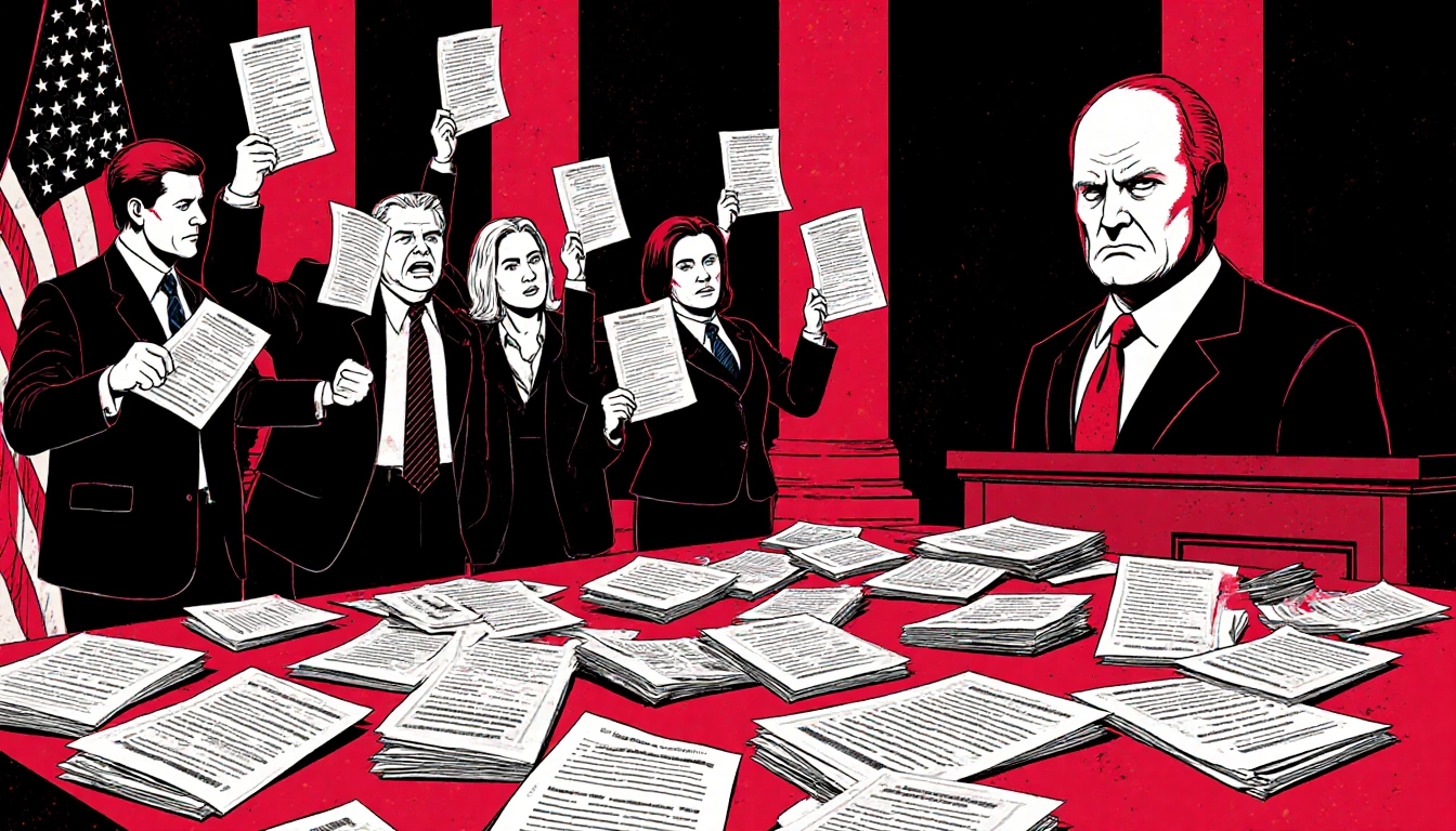 Moderate lawmakers holding discharge petitions on a House floor with paperwork Speaker Mike Johnson stern in background.