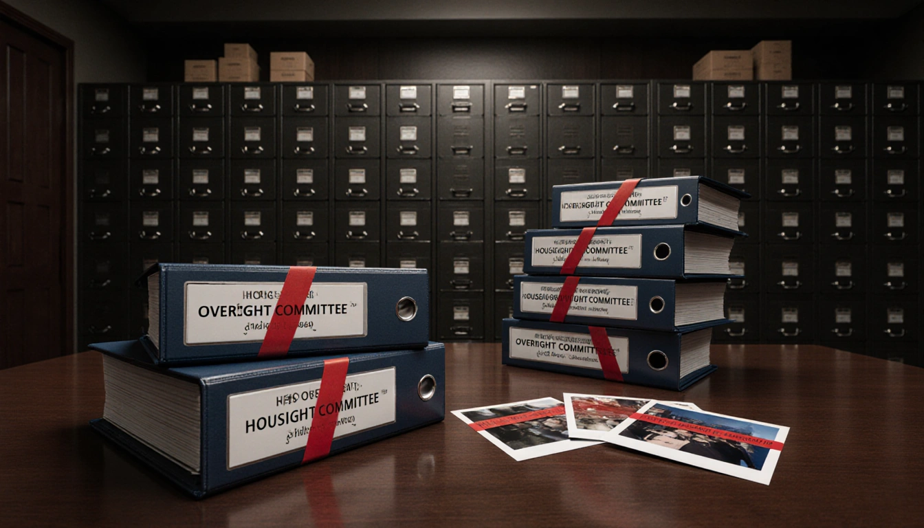 Binders arranged on wooden desk with photos and red-taped embargo notes near file cabinets.