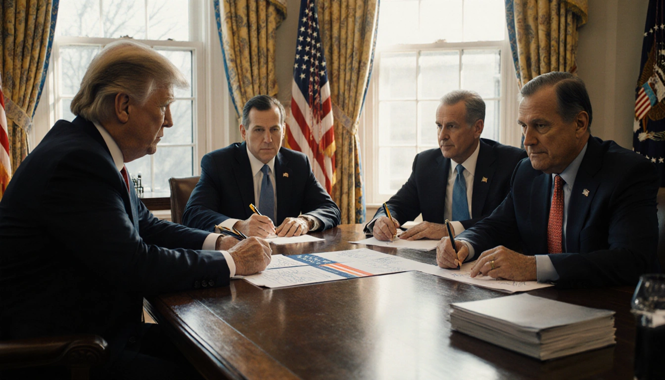 Four representatives sit at a wooden table holding pens with a petition showing mixed party signatures in front.