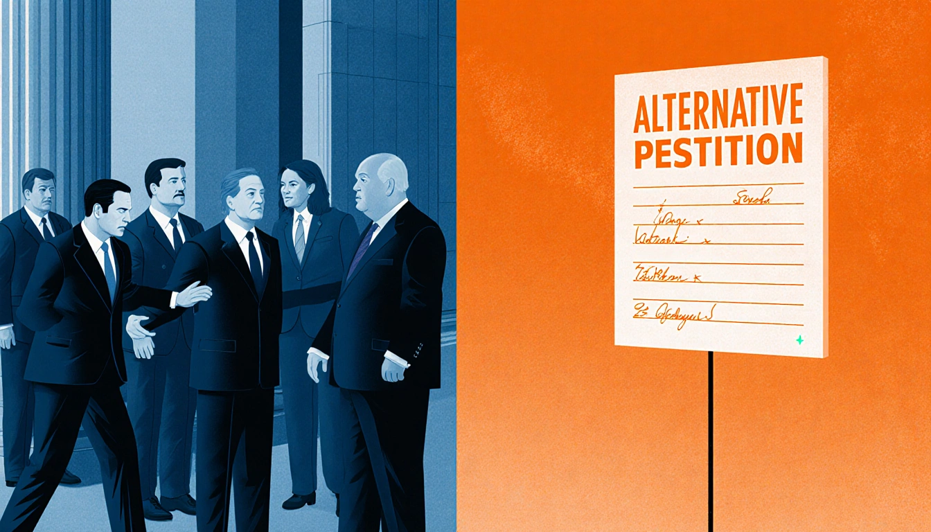 Republican leaders block moderate Republicans path to chamber with suits and lone orange petition signpost shows 25 signature