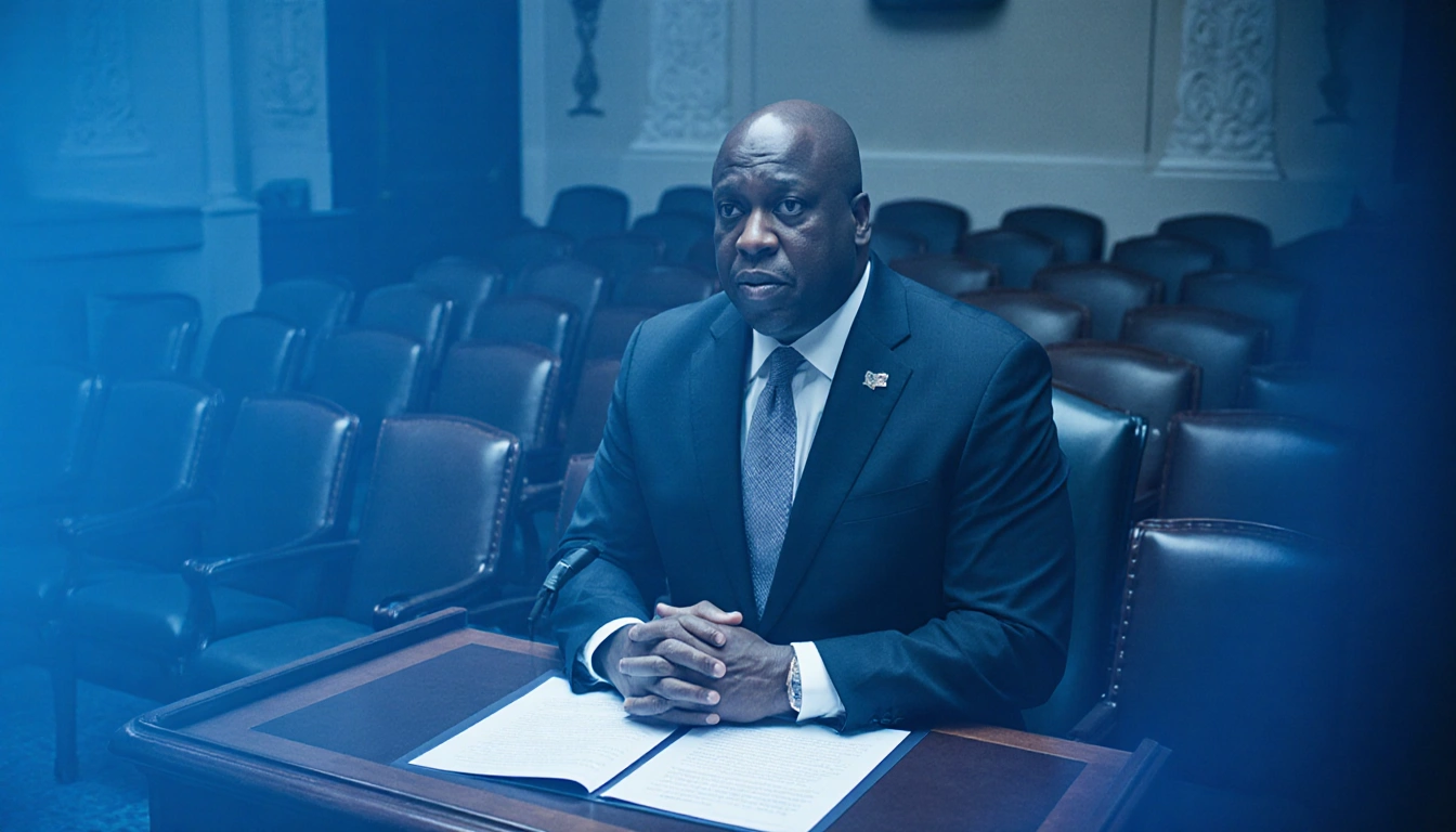 Speaker Mike Johnson stands at podium with healthcare plan document and empty chairs in dim chamber political tension