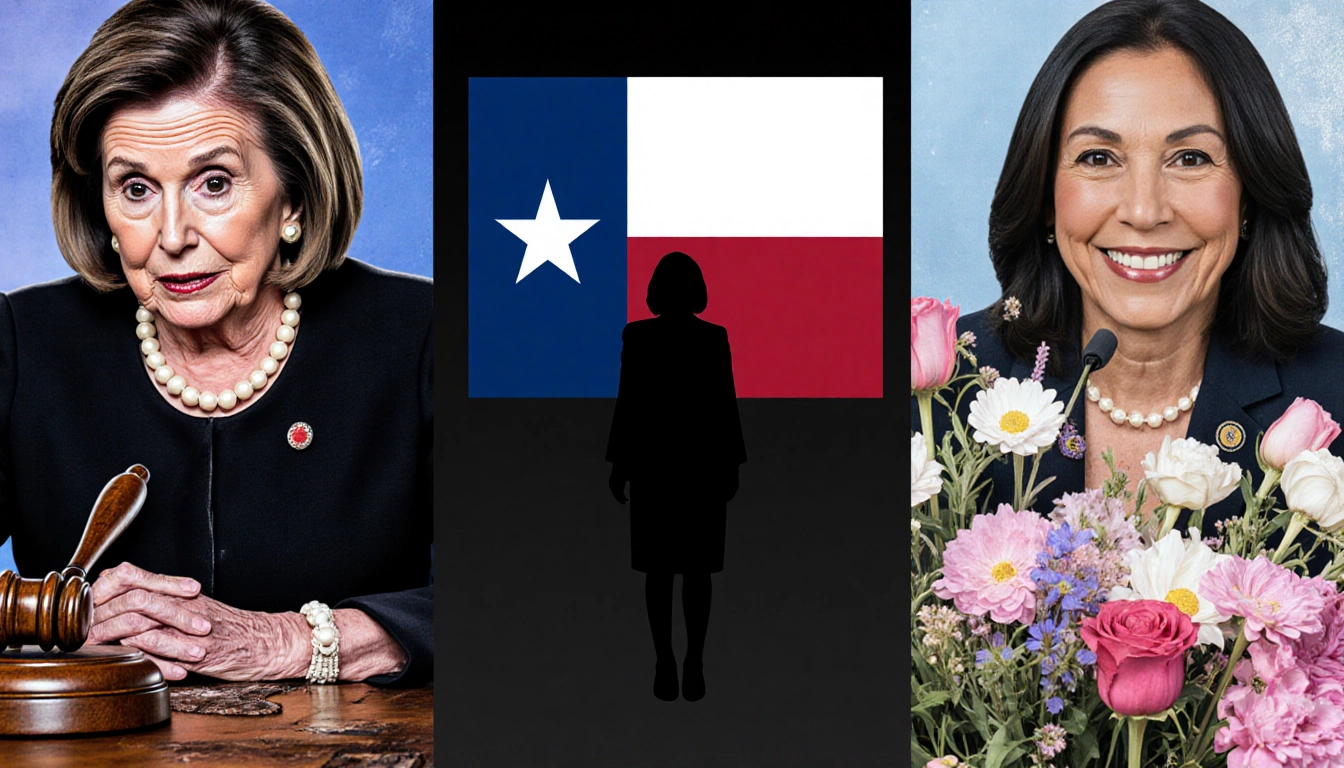 Collage showing a worn gavel with a wooden table and a lone figure beside a Texas flag and a woman surrounded by flowers.