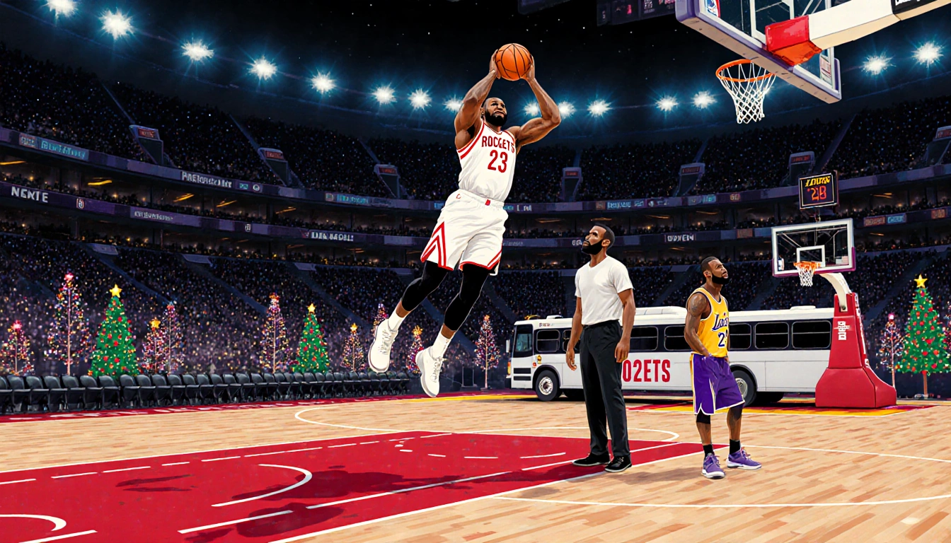 Kevin Durant dribbling an NBA ball midair with LeBron James watching from sidelines and holiday lights illuminating the scene