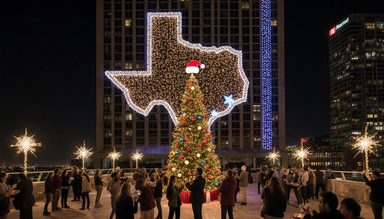 Guests enjoying hot chocolate with a Christmas tree and glowing rooftop lights in Houston.