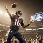 C.J. Stroud tossing football toward end zone with cheering Texans fans and scoreboard reading 20-16 in golden light